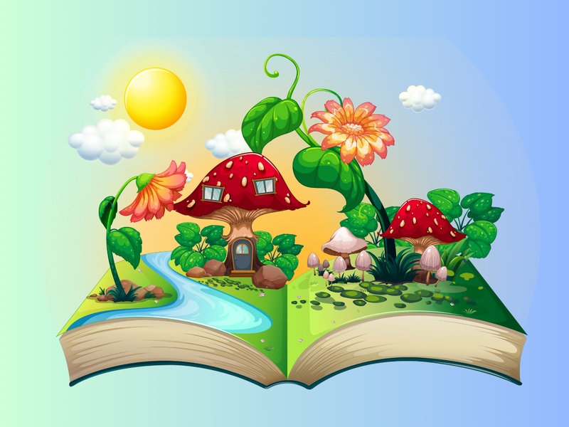 un livre ouvert dont sortent des maisons rouges en forme de champignon, des fleurs oranges, avec un ciel et le soleil en fond