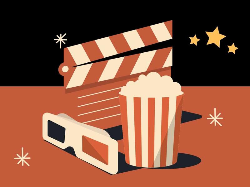 des lunettes 3d, une boîte de pop corn et un clap de cinéma avec des étoiles sur fond rouge ocre et noir