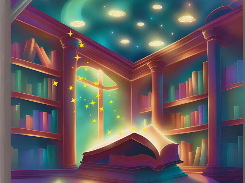 des étoiles qui sortent d'un livre ouvert avec des étagères de livres autour