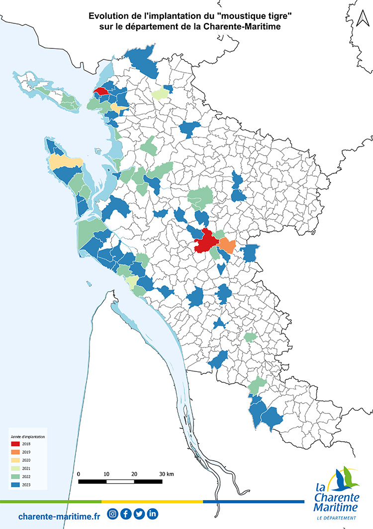 Carte de l'évolution de l'implantation du moustique tigre en Charente-Maritime